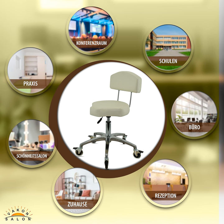 VAKON SALON - Ergonomischer Rollhocker mit Lehne in Weiss - Rollen mit Bremse - Höhenverstellbarer v