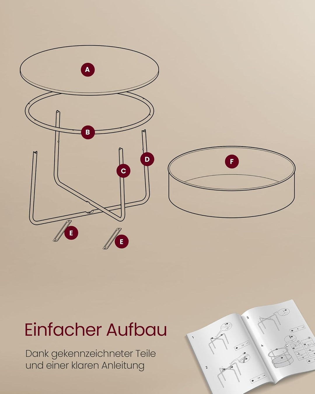 VASAGLE Couchtisch rund, Tisch mit Stauraum, Beistelltisch, Wohnzimmertisch mit Korb aus Stoff, mode