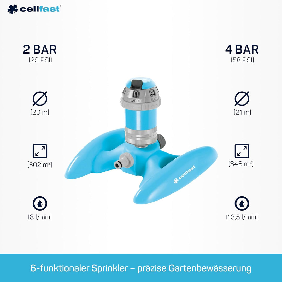 Cellfast Sektorenregner Power тт IDEAL™, 6-Funktion-Regner auf Ständer, Bewässerungsfläche beträgt 3