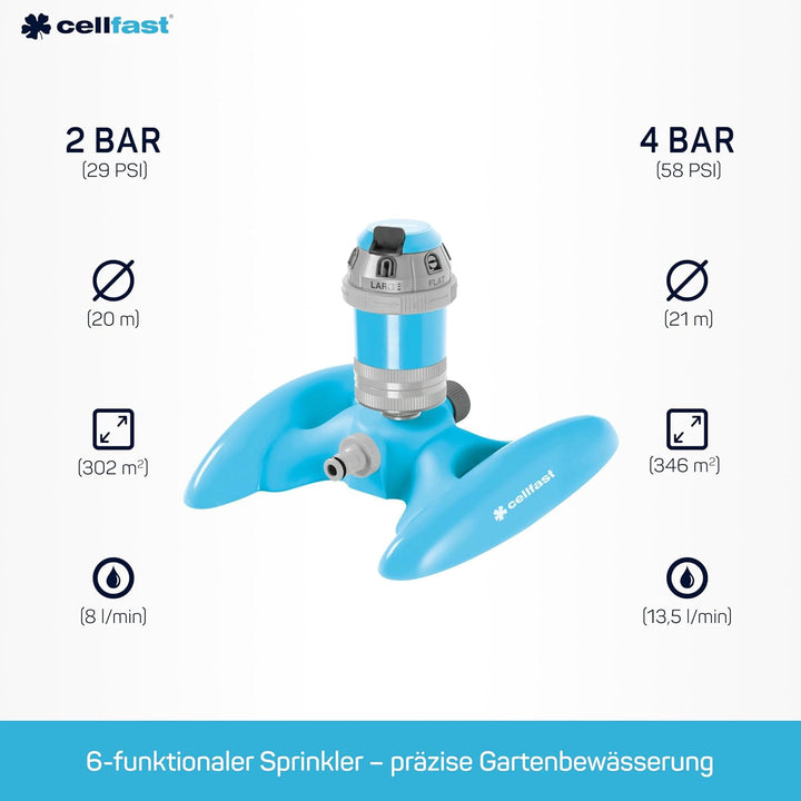 Cellfast Sektorenregner Power тт IDEAL™, 6-Funktion-Regner auf Ständer, Bewässerungsfläche beträgt 3