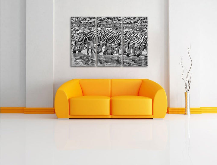 Pixxprint Zebraherde am Wasserloch / 3-Teilig/Gesamtmass 120cm Leinwandbild bespannt auf Holzrahmen/