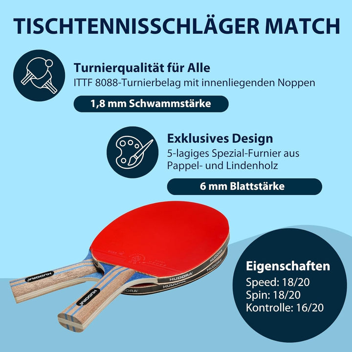 HUDORA Tischtennisset Tournament/Game/Match - Tischtennisschläger + Bälle - Mit Tasche - Für Anfänge