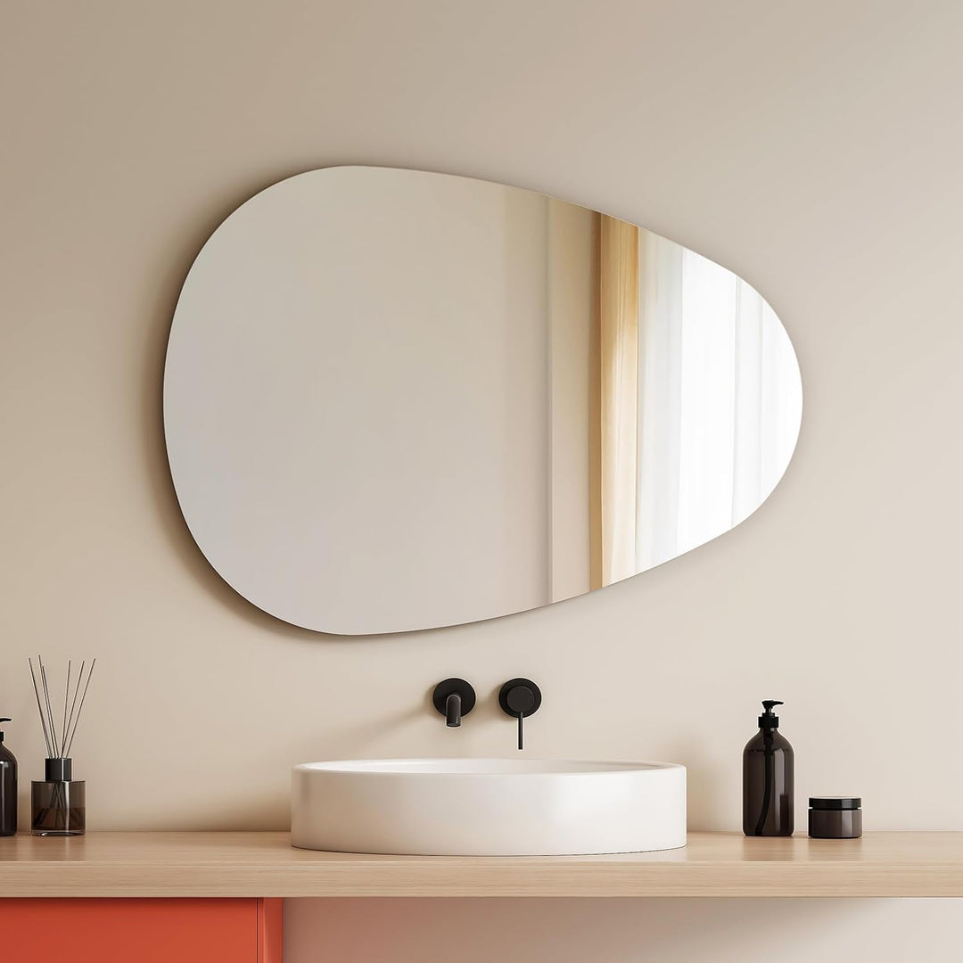 EMKE Badspiegel 50 x 70 cm, Asymmetrischer Spiegel, 360° Installation, Dekorativer HD-Wandspiegel fü