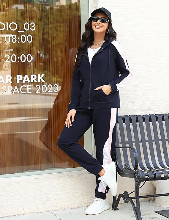 Litherday Jogginganzug Damen Lang Freizeitanzug Baumwolle Trainingsanzug Frauen Streifen Sportanzug