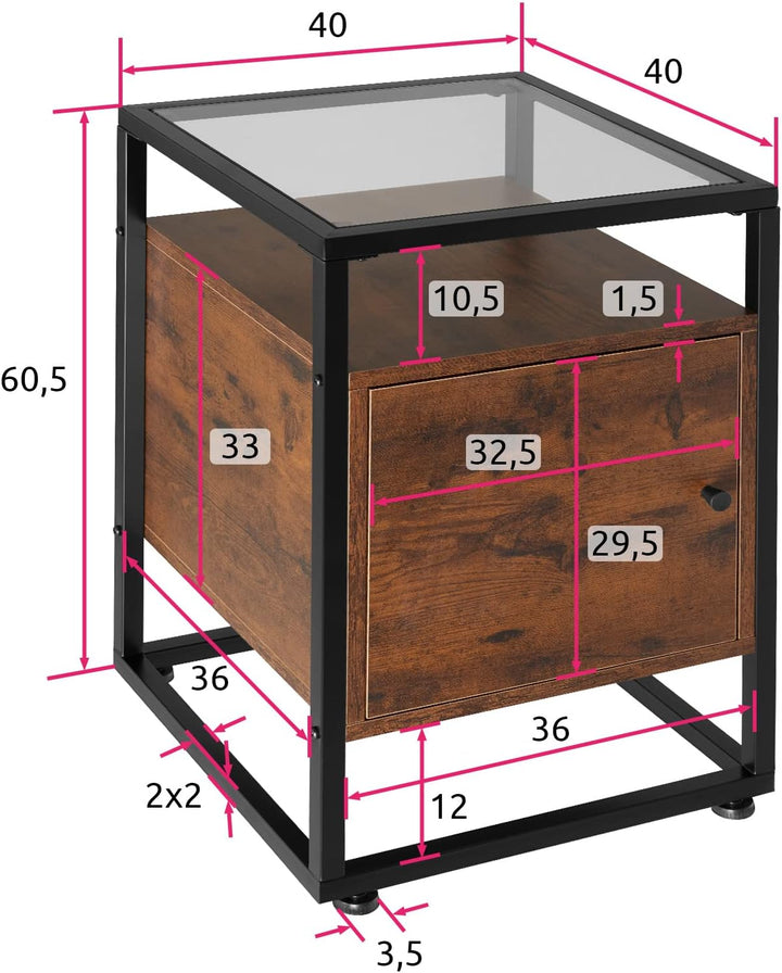 tectake® Nachttisch mit Glasplatte, 40 x 43 x 60,5 cm, Beistelltisch mit Tür, Zimmer Deko Wohnzimmer