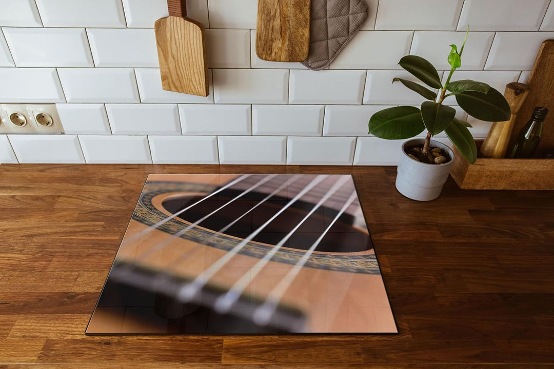 Gitarrensaiten Musik Herdabdeckplatte & Spritzschutz aus Echtglas | Für Herd-Kochfelder | 60x52 cm