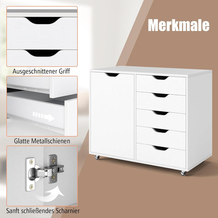 COSTWAY Rollcontainer mit 5 Schubladen, mobiler Aktenschrank mit Tür, Arbeitsplatte & Rollen, Rollwa