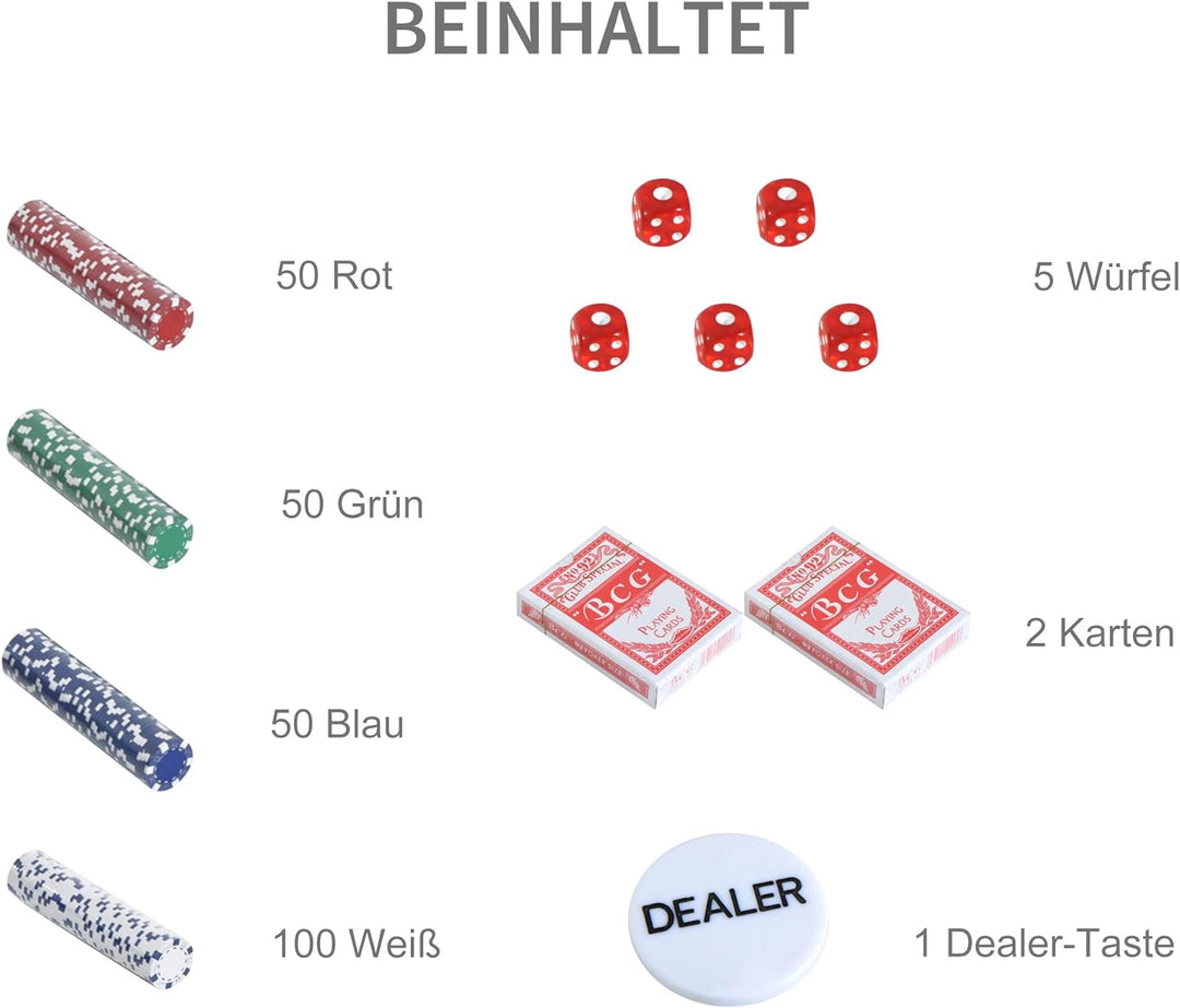 HOMCOM Pokerkoffer Pokerset 500 Pokerchips 2xKartenspiel 5xWürfel 1xAlukoffer Poker Set Jetons Koffe