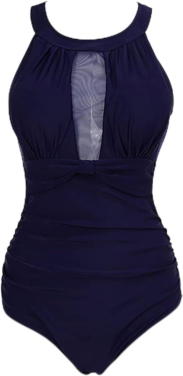 VILOREE Damen Schlankheits Badeanzug Raffung Einteiler High Neck Bademode Strandmode L Navy, L Navy