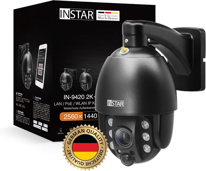 INSTAR IN-9420 2K+ schwarz - LAN/PoE/WLAN Überwachungskamera mit KI (AI) - IP Kamera - PIR - Steuerb