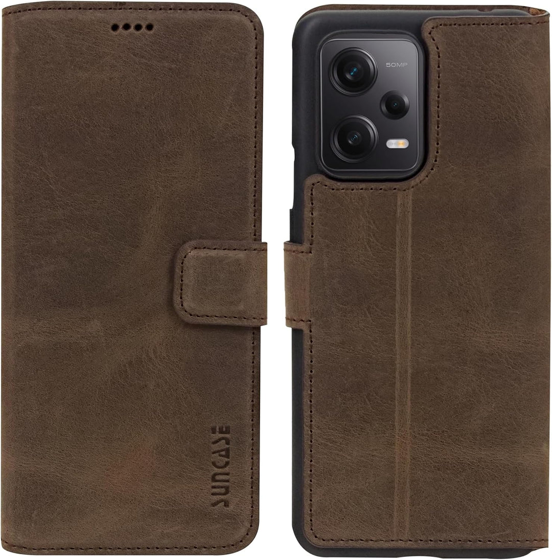 Suncase Book-Style Hülle kompatibel mit Xiaomi Redmi Note 12 Pro 5G Leder Tasche (Slim-Fit) Lederhül