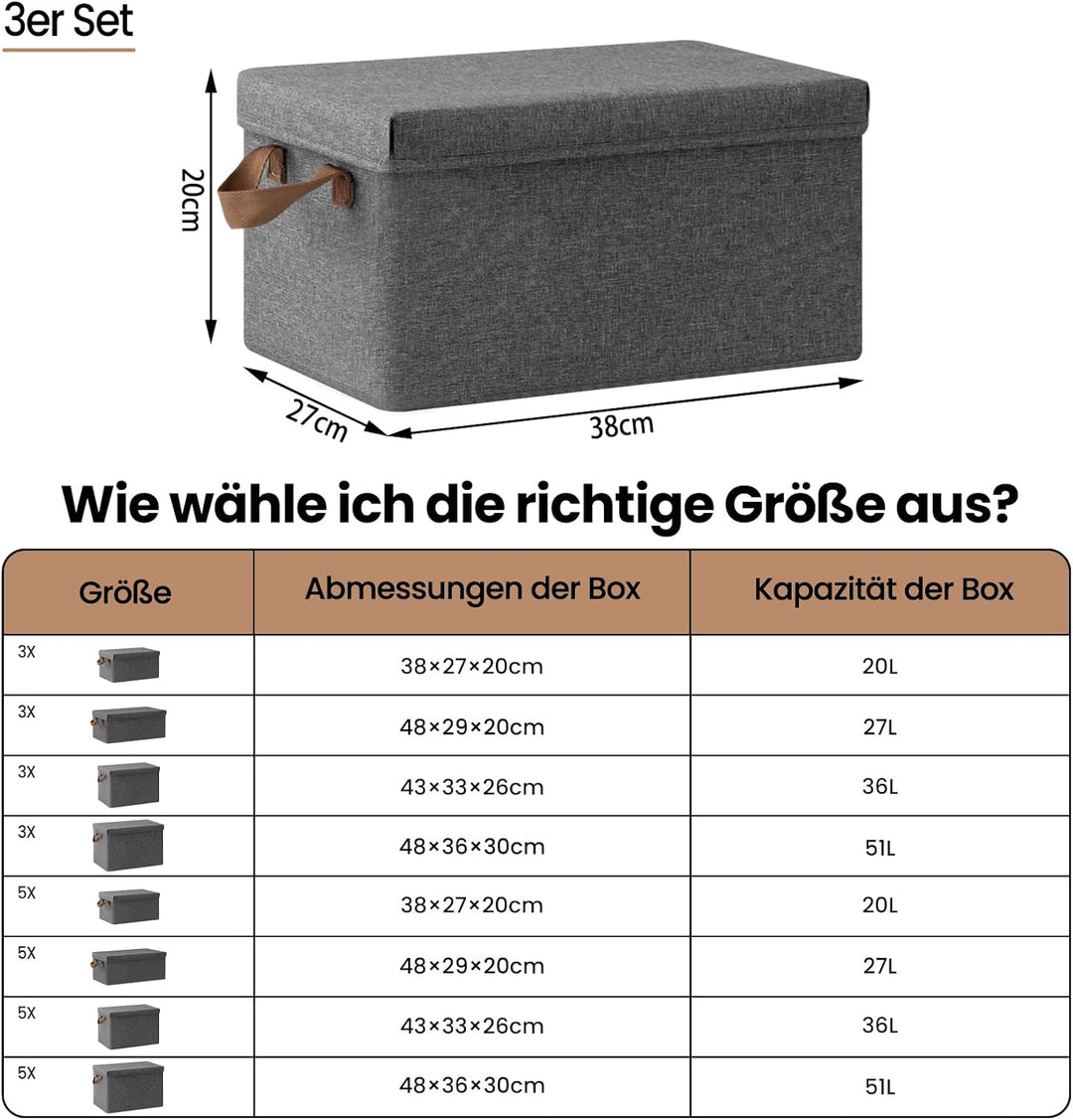 WOLTU Aufbewahrungsboxen, 3er Set, Box mit Deckel, Stoff Aufbewahrungskorb, Organizer Box für Spielz