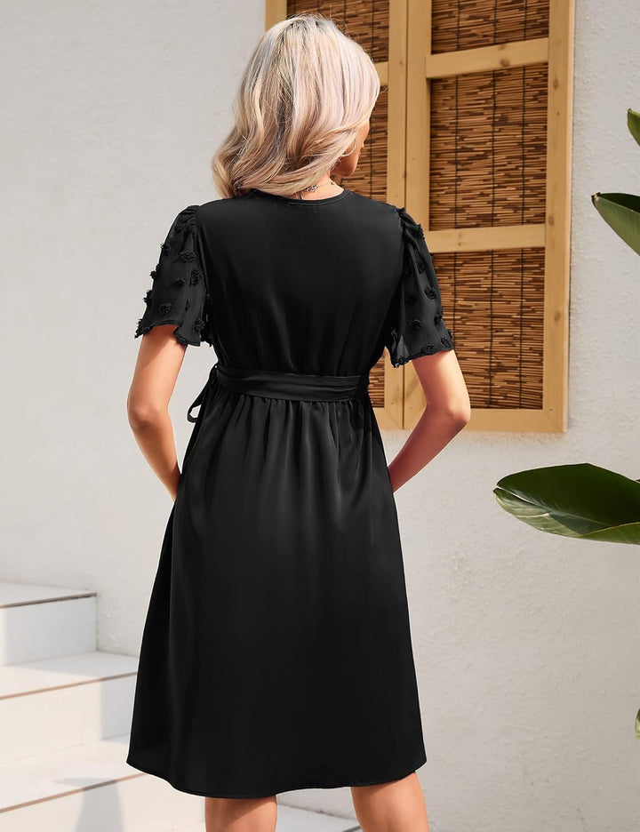 KOJOOIN Damen Umstandskleid Tüll Kurzarm Stillkleid Swiss Dot V-Ausschnitt Schwangere Kleider Mutter