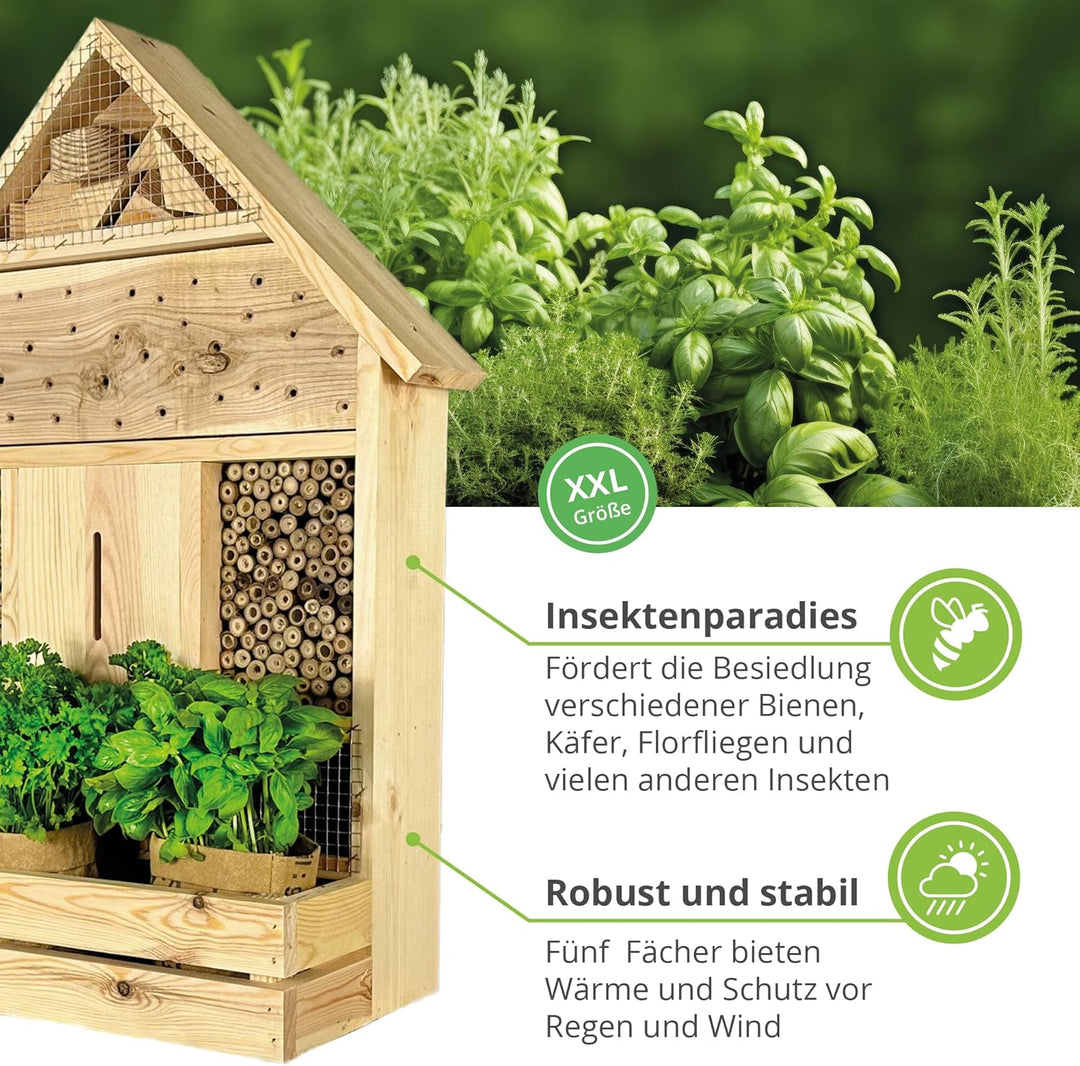 GARTENETAGE Stehendes Insektenhotel XXL mit Pflanzenoase Kräuterparadies - inkl. Anzuchtset/Naturbel