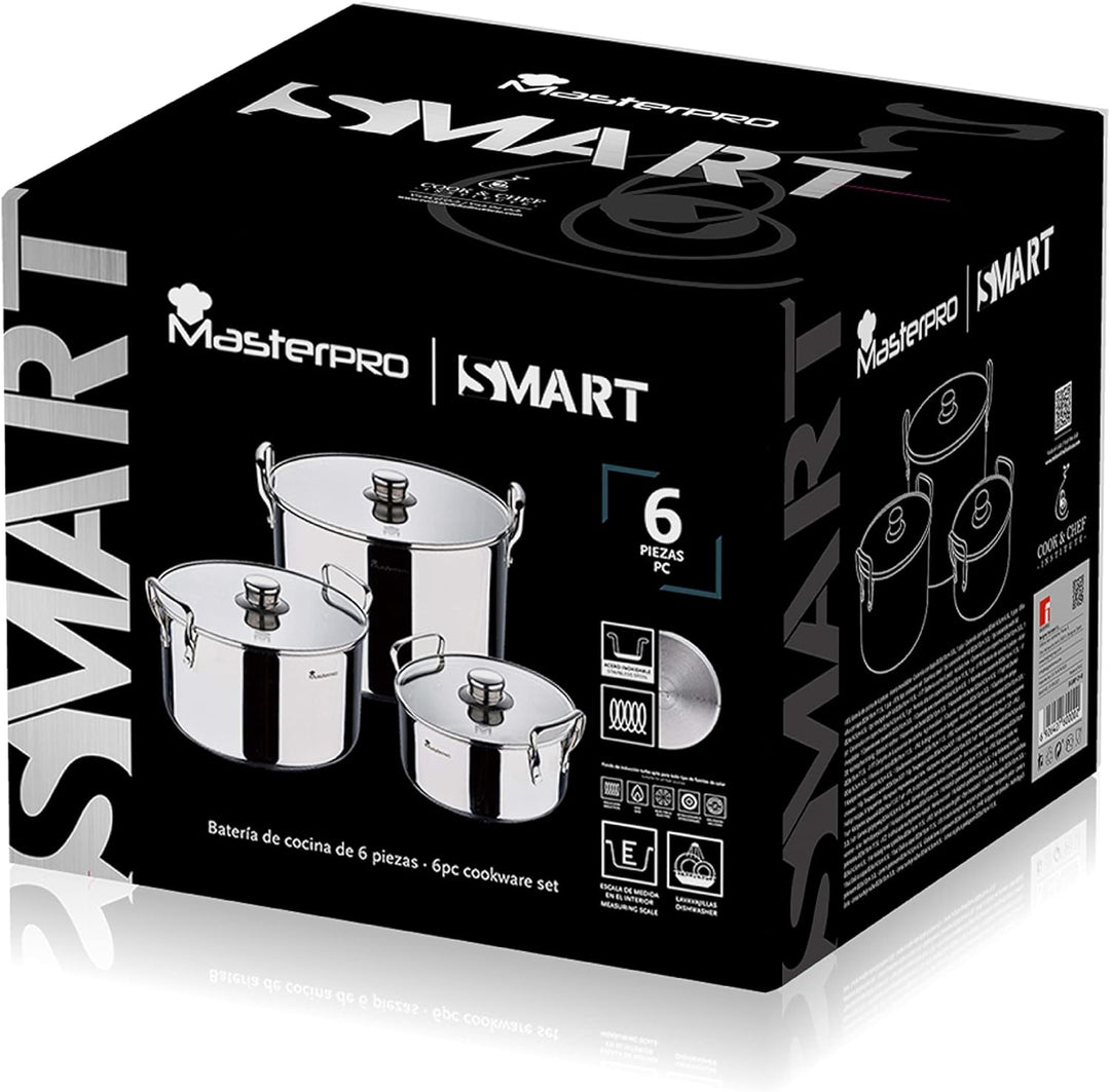 MasterPro Smart | Kochgeschirr 6-teilig, 3 Pfannen von 20, 24 und 28 cm und 3 Holzutensilien | Edels