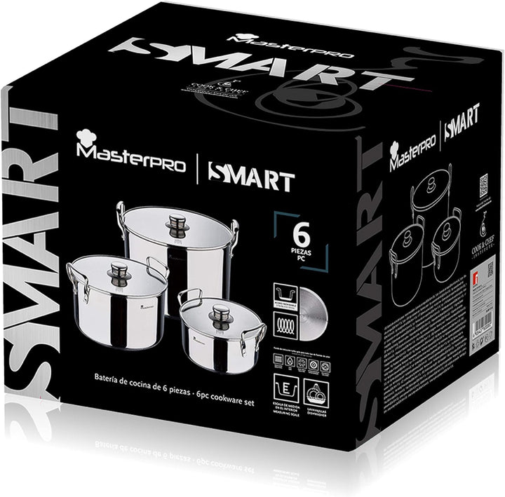 MasterPro Smart | Kochgeschirr 6-teilig, 3 Pfannen von 20, 24 und 28 cm und 3 Holzutensilien | Edels