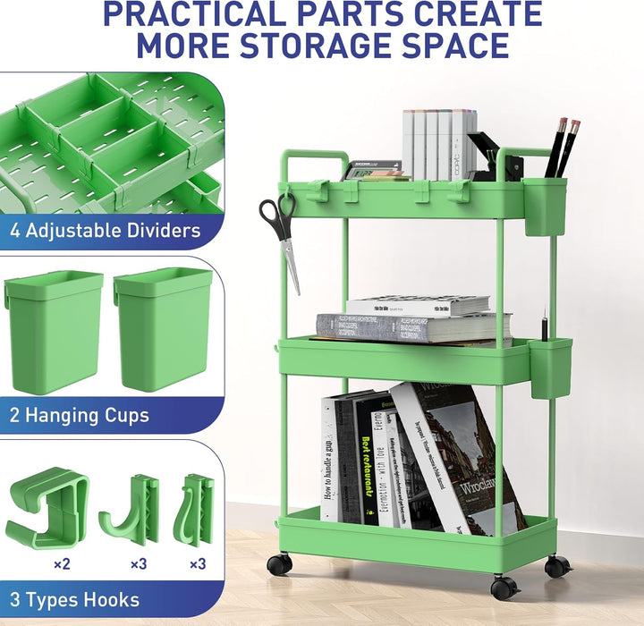 Ronlap Rollwagen Küchewagen mit 3 Ebenen, Servierwagen mit Aufhängebecher, Separator, Haken, Regal a