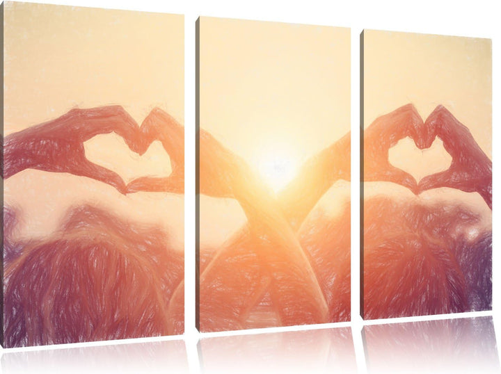Pixxprint Zwei Mädchen Zeigen Herzmotiv bei Sonnenuntergang Kunst Buntstift Effekt 3-Teiler Leinwand