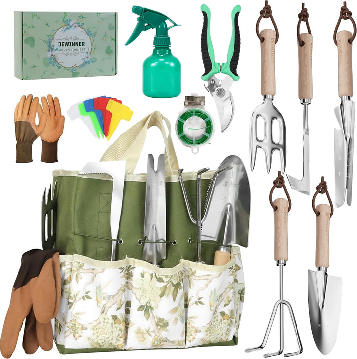 DEWINNER Garten Werkzeuge Set, 12 Stück Schwerlast Edelstahl Gartenarbeit Kit, Non-Slip Holzgriff, M