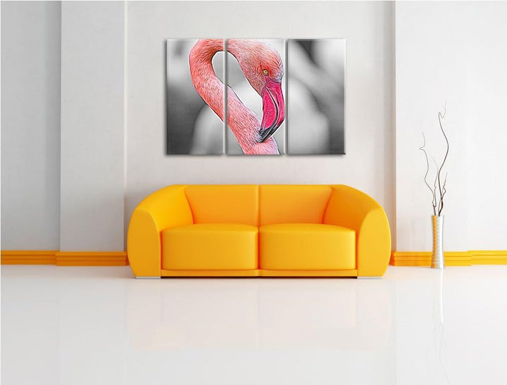 prächtiger Flamingo schwarz/weiss Deluxe 3-Teiler Leinwandbild 120x80 Bild auf Leinwand, XXL riesige