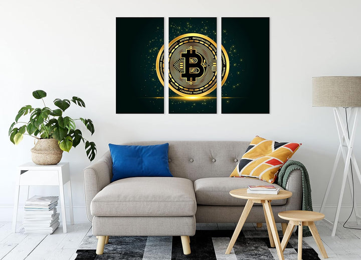 funkelnder Bitcoin BTCals Leinwandbild 3 teilig | Grösse: 120x80 cm | Wandbild | Kunstdruck | fertig