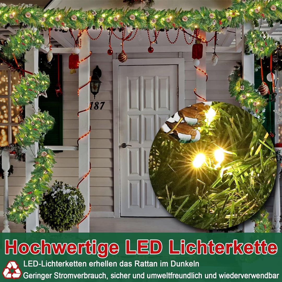 UISEBRT Weihnachtsgirlande mit Beleuchtung Tannengirlande 3m, mit 50 LEDs Tannenzapfen Rote Beere Kü