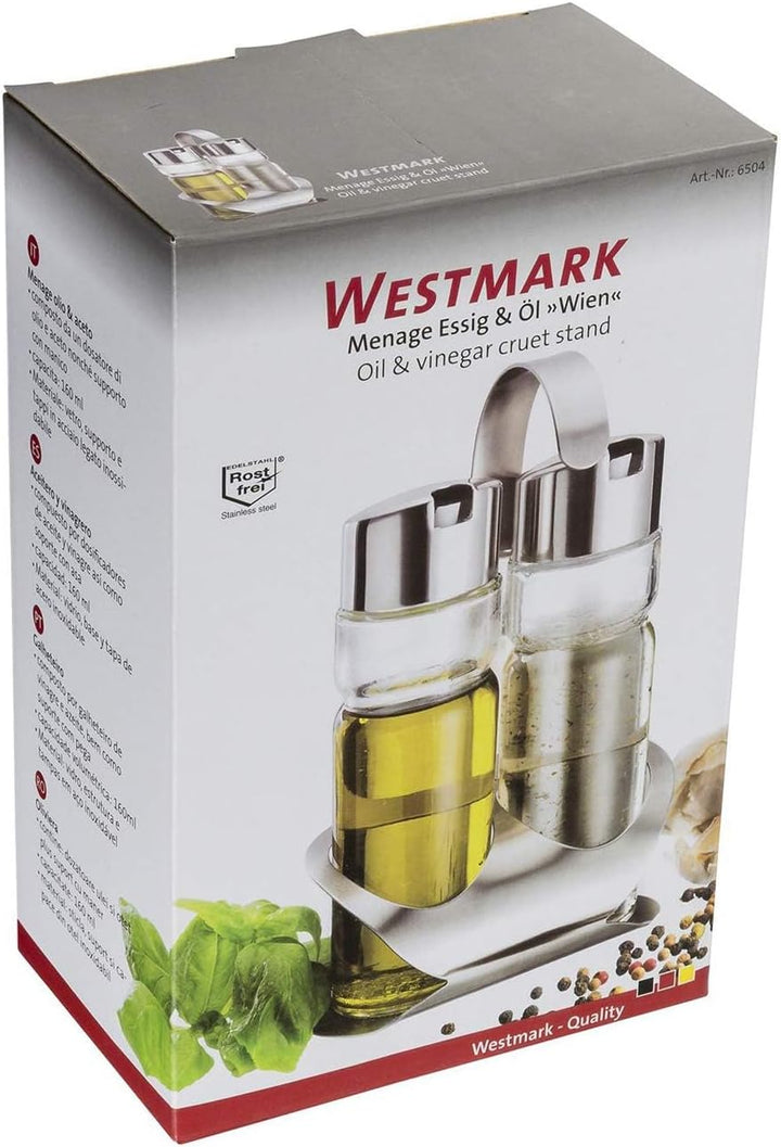 Westmark Menage Essig- und Öl, 3-tlg., Fassungsvermögen: je 160 ml, Rostfreier Edelstahl/Glas, Wien,