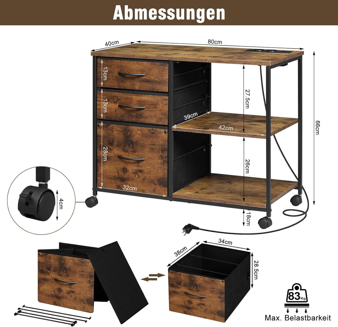 WOLTU Aktenschrank mit Ladestation, Rollcontainer mit Schubladen, Büroschrank, Druckertisch mit Roll