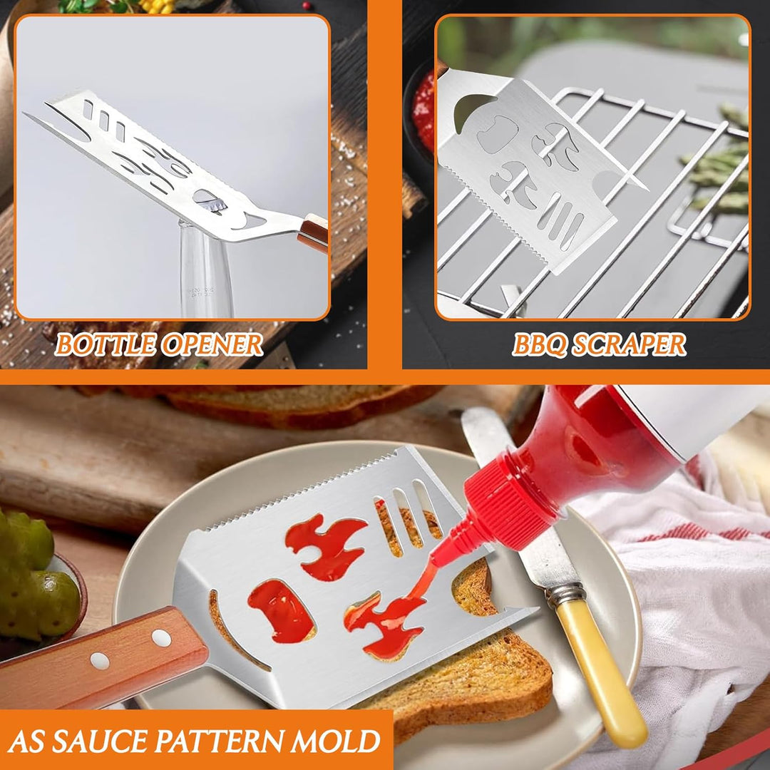 7-in-1 Grillspachtel für Grill mit 4 Stück Gabel, 42cm Grillwender Grillbesteck, Multifunktionales G