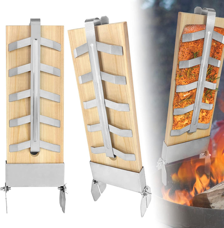 NAIZY Flammlachsbrett 2X Flammlachsbretter mit Edelstahl-Halterung Lachsbretter 5 Stufen Einstellbar