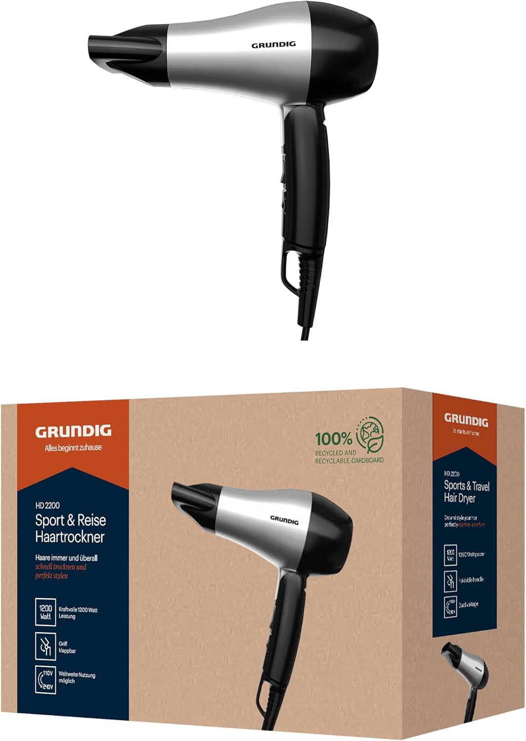 Grundig HD 2200 Sport- & Reisehaartrockner, Föhn, Reiseföhn, 1200 Watt, 2 Temperaturstufen, 2 Luftst