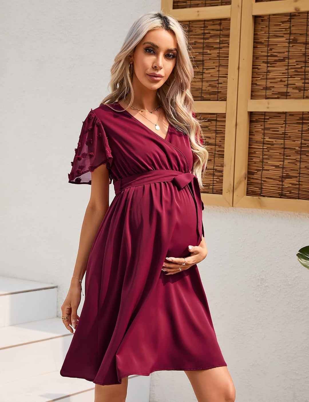 KOJOOIN Damen Umstandskleid Tüll Kurzarm Stillkleid Swiss Dot V-Ausschnitt Schwangere Kleider Mutter