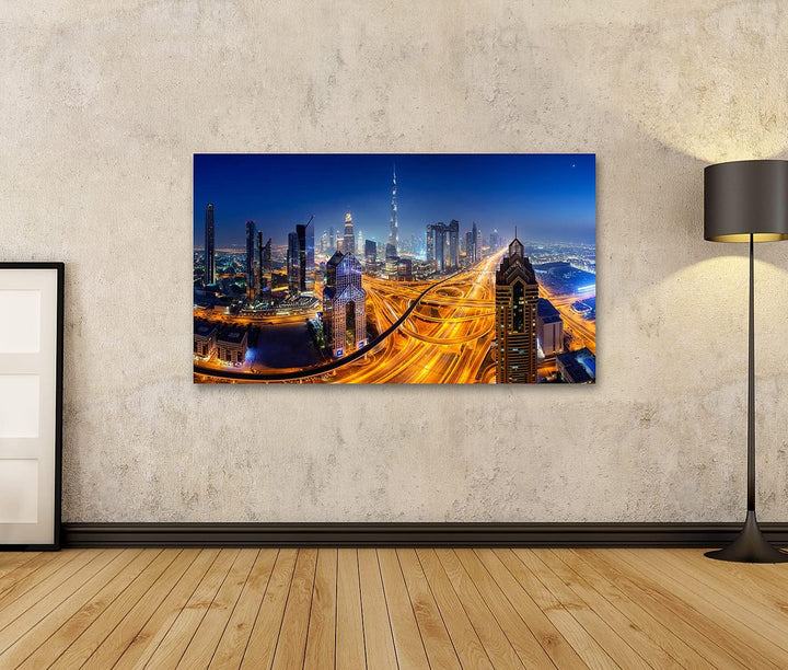 islandburner Bild auf Leinwand Dubai Skyline Nacht Panoramablick Bilder Wandbilder Poster, 80L x 40B