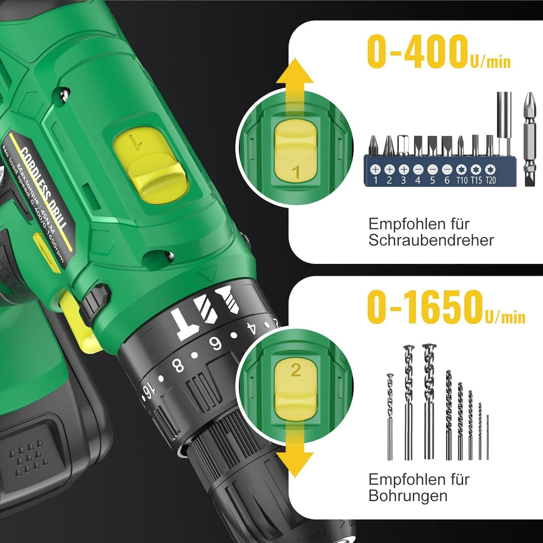 CONENTOOL 21V Akkuschrauber Set, Akku bohrschrauber mit 2000mAh Akkus, 45 N.m Max schlagbohrschraube