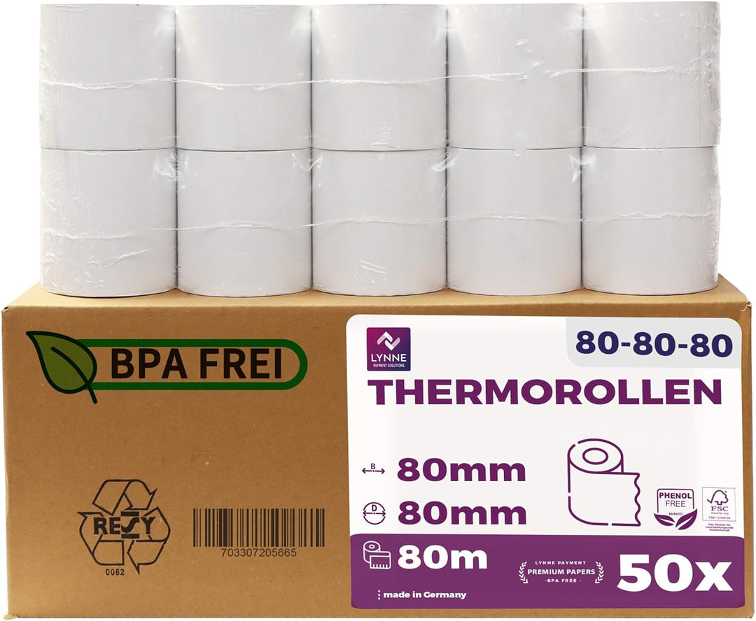 Thermorollen 80mm x 80m x 12mm | Kassenrollen | Bonrollen für Registrierkasse mit Bondrucker | Therm