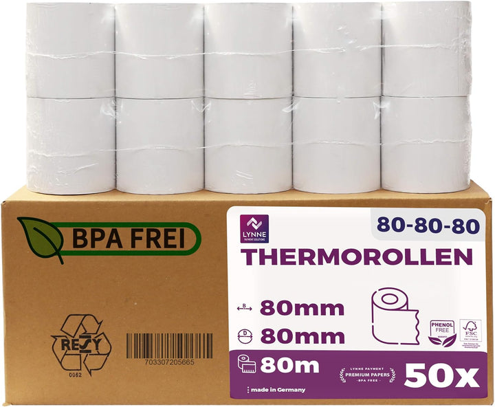 Thermorollen 80mm x 80m x 12mm | Kassenrollen | Bonrollen für Registrierkasse mit Bondrucker | Therm