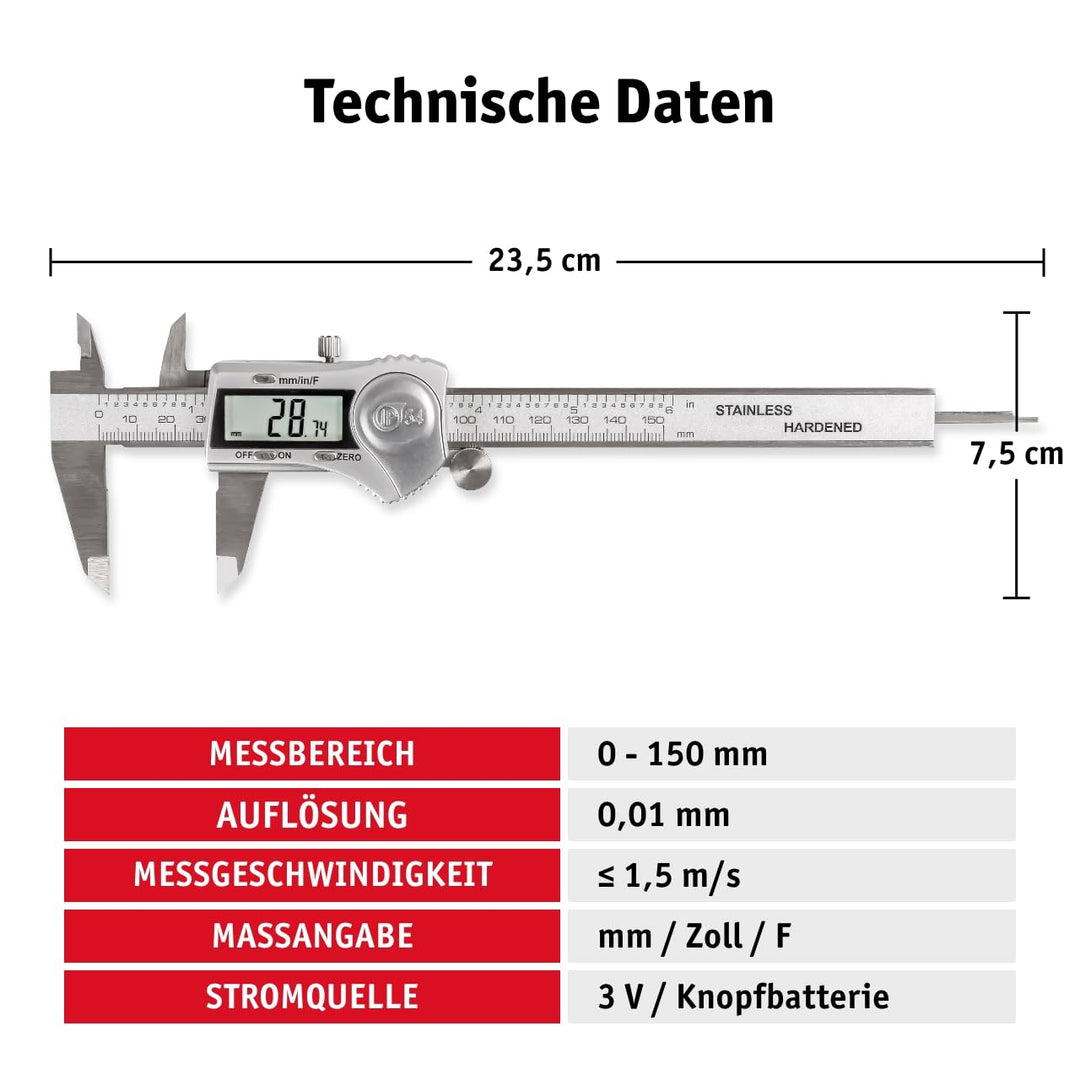 WALTER Schieblehre Digital, Messschieber Analog, Schieblehre, Messlehre, inkl. Knopfbatterie 3V, Ede