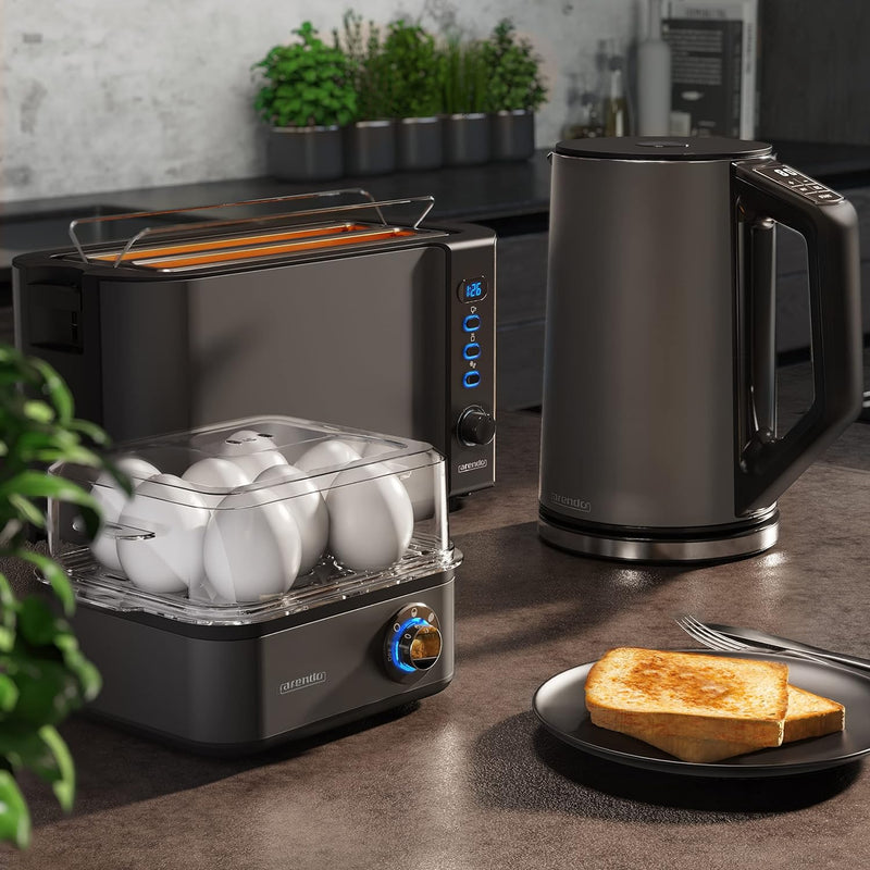 Arendo - Wasserkocher mit Toaster SET und Eierkocher, Edelstahl Cool Grey, Wasserkocher 1,5L 40° - 1