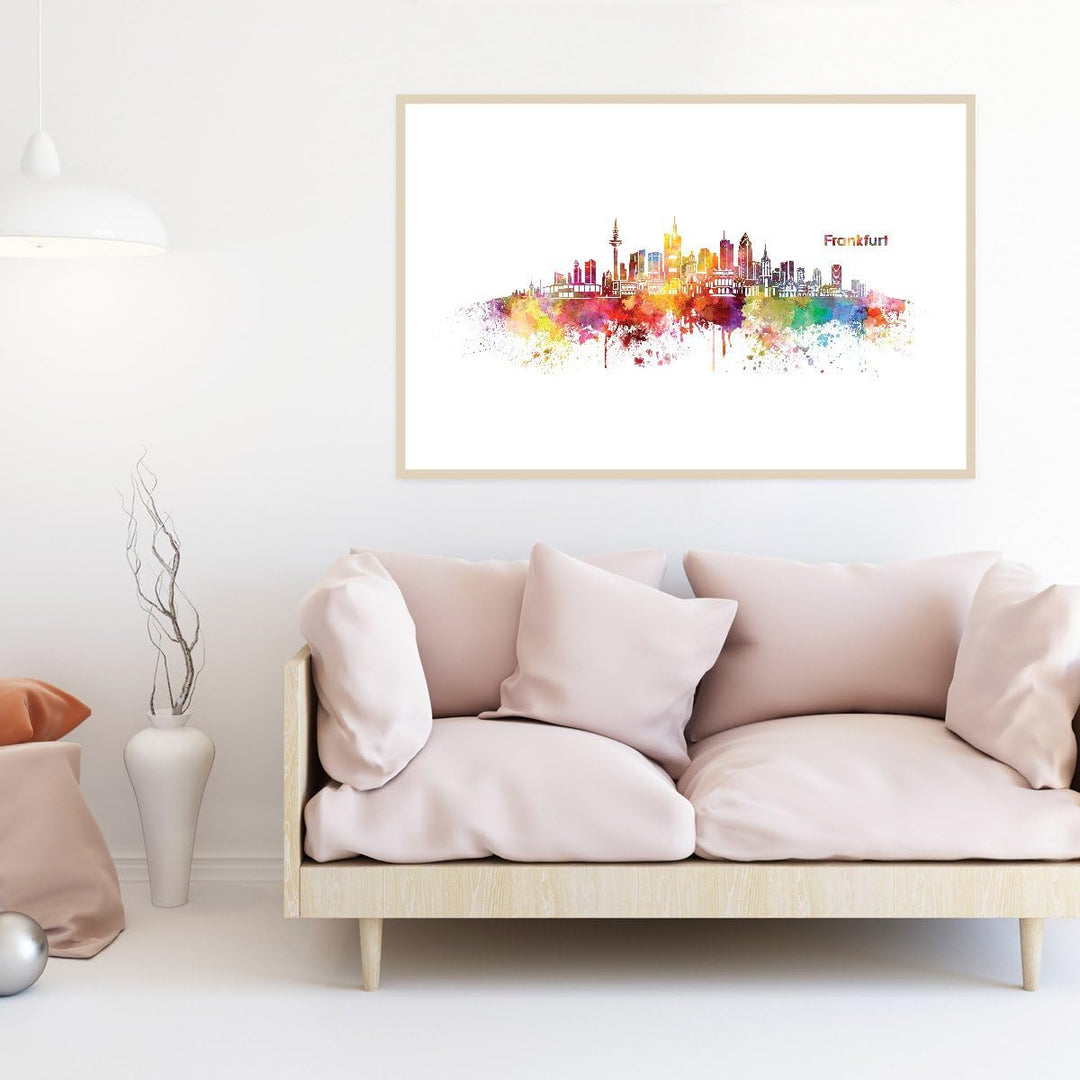 JUNIWORDS Poster mit/ohne Holzrahmen, Wähle ein Motiv, Aquarell Skyline Frankfurt, Wähle eine Grösse