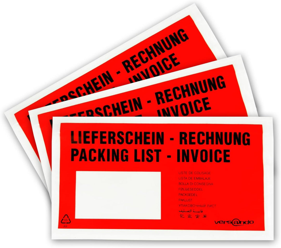 versando basics 1000 Lieferscheintaschen selbstklebend DIN lang rot/schwarz bedruckt: "Lieferschein/