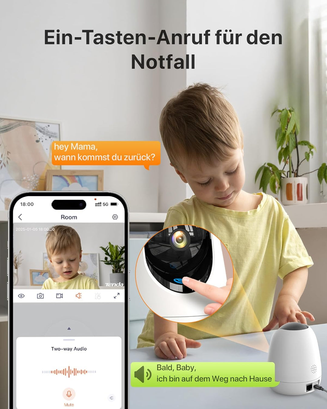 Tenda Überwachungskamera Innen CP3 V2.2, 360 Grad WLAN IP Kamera, 2-Wege-Audio, 1080P, Nachtsicht, T