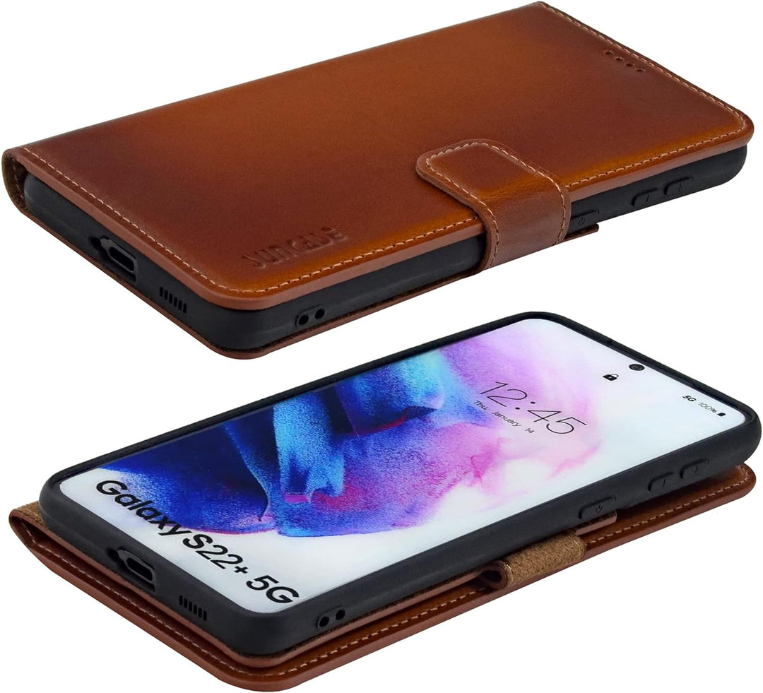 Suncase Book-Style Hülle kompatibel mit Samsung Galaxy S22 Plus 5G Leder Tasche (Slim-Fit) Lederhüll
