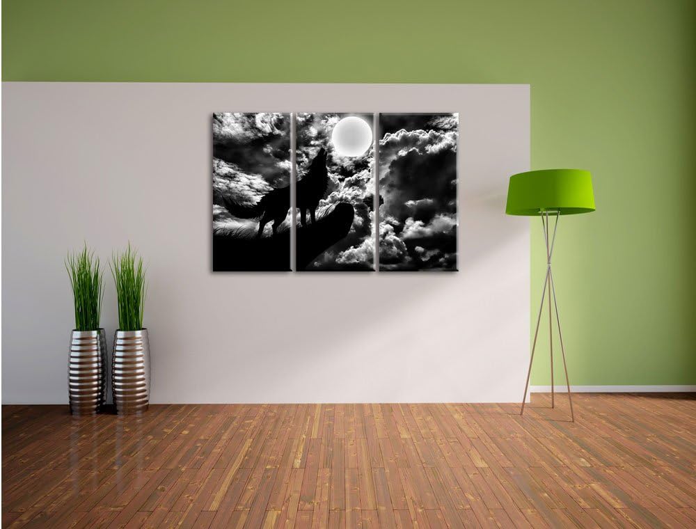 Pixxprint Wolf im Mondschein als Leinwandbild/Grösse: 3 Teilig (120x80) cm/Wandbild/Kunstdruck/ferti
