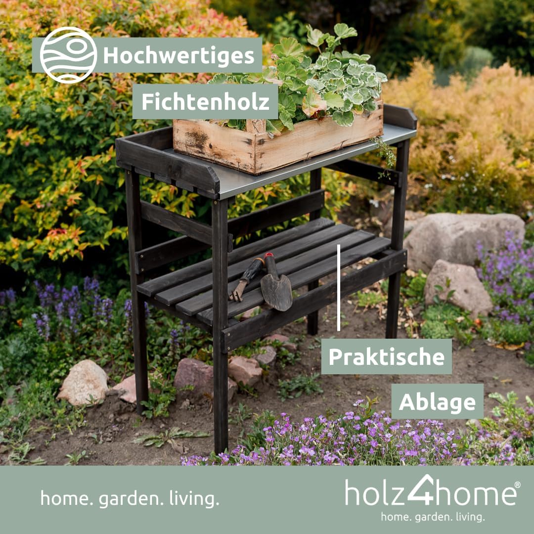 holz4home® Holz Pflanztisch Schwarz mit 2 Ablagen aus Fichtenholz I Tisch für Gartenarbeiten im Inne