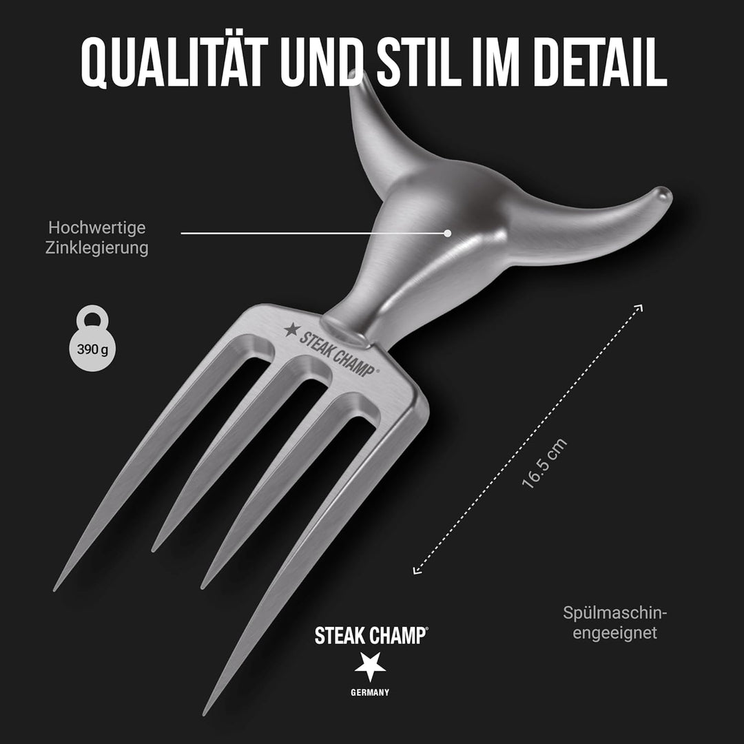 Steak Champ Bull Fork Fleischgabel, 16,5 cm: Massive Serviergabel, Tranchierbesteck, mit Zinklegieru