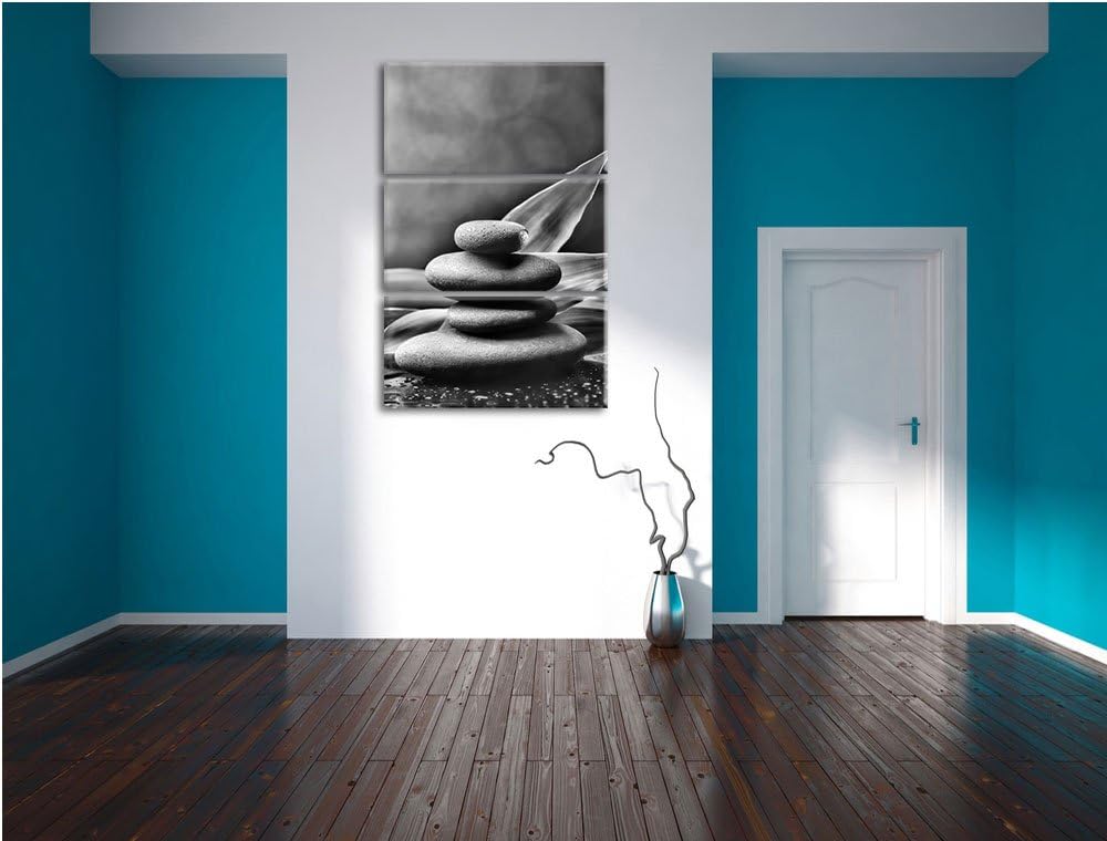 Pixxprint Zen Steine mit Blättern als Leinwandbild/Grösse: 3 Teilig (120x80) cm/Wandbild/Kunstdruck/