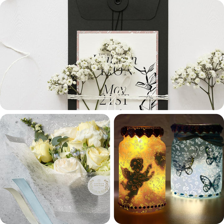 50 Blatt Weiss Deko-Vlies, Blumen in Weiss mit Silber Glitzer , 190x290mm, handgemacht, 40g, orienta