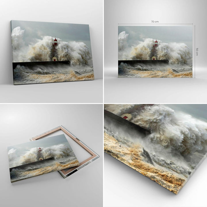 ARTTOR Bilder auf Leinwand Leuchtturm Ozean Sturm Leinwandbild 70x50cm Wandbilder Dekoration Wohnzim