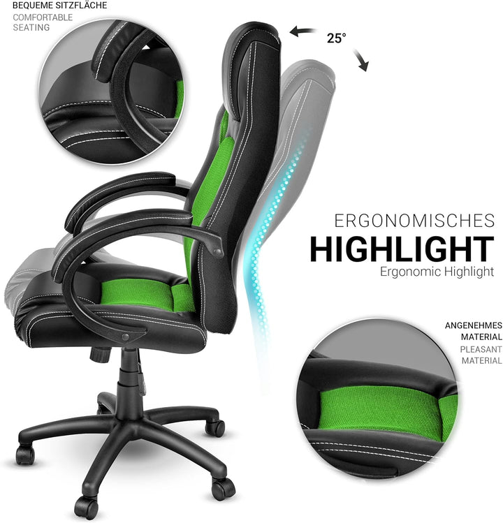 TRESKO Racing Chefsessel Bürostuhl Drehstuhl 14 Farbvarianten, gepolsterte Armlehnen, Wippmechanik,