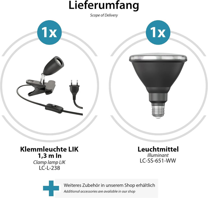 ledscom.de E27 Klemmstrahler LIK, schwarz inkl. PAR38 LED Reflektor-Lampe schwarz je 1279lm warm-wei